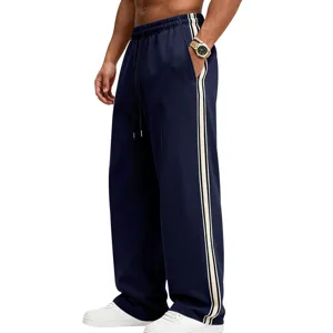 Herren gefütterte Wide-Leg Jogginghose mit Seitenstreifen, elastische Kordelzug Freizeithose.