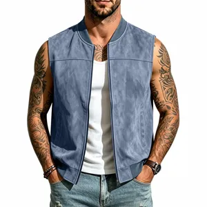 Herren Wildleder Weste Sommer Freizeit Ärmellos Reißverschluss Baseball Kragen Mode