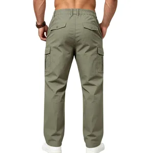 Men's green cargo pants casual straight leg tactical trousers with multiple pockets rear view