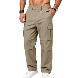 Men's khaki straight cargo pants with multi pockets, casual outdoor work trousers for men.