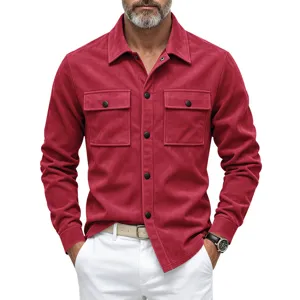 Homme chemise veste en suédine rouge manches longues style décontracté poches poitrine