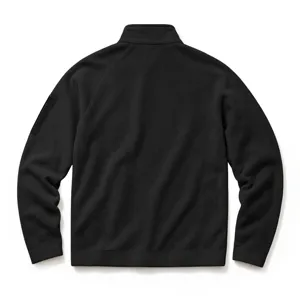 Gedetailleerde achteraanzicht van heren fleece jas met opstaande kraag en mouwzak.