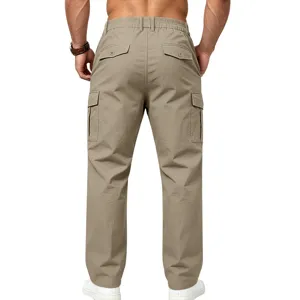 Detailed view of men's straight cargo pants featuring multiple utility pockets and comfortable fit.