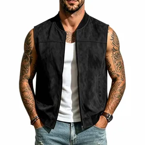 Herren Schwarze Kunstwildleder Ärmellose Bomberjacke Freizeitsommer Baseball Kragen