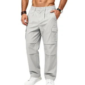 Men light grey straight-leg cargo pants with multi-pockets and pleated waist details.