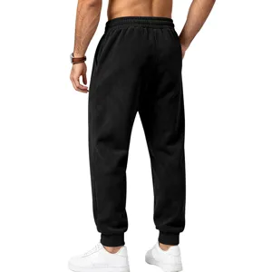 Men's black suede fleece sweatpants detailed view, comfortable elastic waist casual joggers.