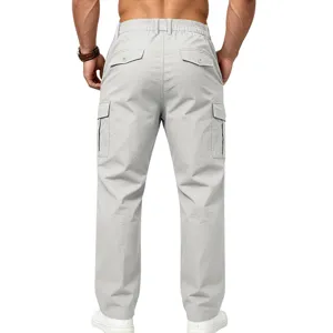 Men's light gray straight leg cargo pants with utility pockets and elastic waist design.