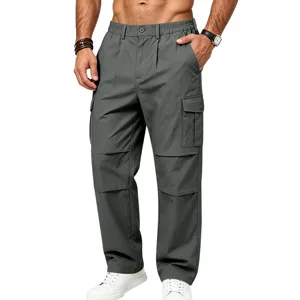 Close-up detail view of men's dark gray straight cargo pants with multi utility pockets.