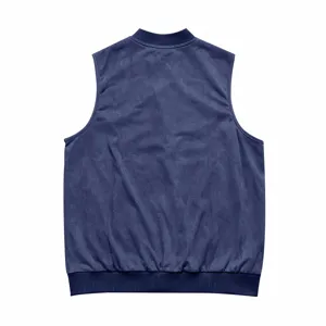 Herren dunkelblaue Wildleder Weste Rückansicht, ärmellose Freizeit Baseballkragen Sommerweste.