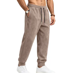 Men suede fleece sweatpants casual drawstring cuffed joggers khaki sport detail view