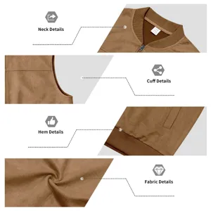 Herren Wildleder Weste Detail mit Baseball Kragen und ärmellosem Design für Freizeitkleidung.