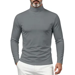 Close-up detail of men's grey turtleneck long sleeve t-shirt featuring slim fit.