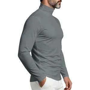 Detail view of men's grey mock neck long sleeve slim fit t-shirt showing fabric texture and fit.