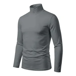 Close-up detail of the gray turtleneck long sleeve fabric texture, clean slim fit design.