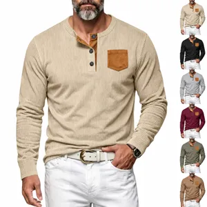 Men's Casual Corduroy Henley Shirt Long Sleeve Woven Contrast Patch Pocket Button Top