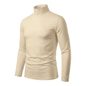 Men's Beige Turtleneck Long Sleeve T-Shirt Slim Fit Casual Basic Solid Pullover Top