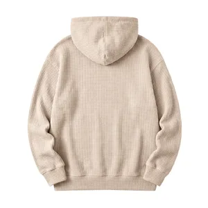 Men's casual waffle knit hoodie in khaki, rear view showing detailed texture and comfortable hood.