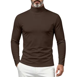 Men's brown mock turtleneck long sleeve slim fit t-shirt fabric detail and texture close up.