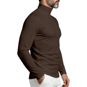 Men's brown turtleneck long-sleeve slim fit basic t-shirt detail view showing fabric.