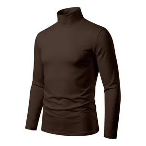 Men's long sleeve turtleneck t-shirt, casual slim fit brown base layer detail view.