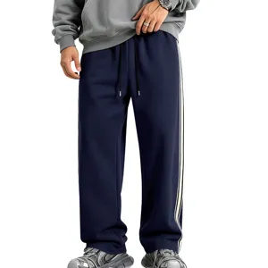 Men's fleece-lined wide-leg sweatpants detail showcasing soft knit fabric and side stripes.