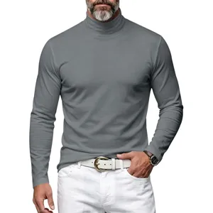Men's Grey Turtleneck Long Sleeve T-Shirt Slim Fit Casual Solid Color Base Shirt Top