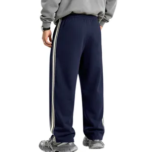 Men's heavyweight fleece-lined sweatpants with side stripes, loose casual wide leg trousers.