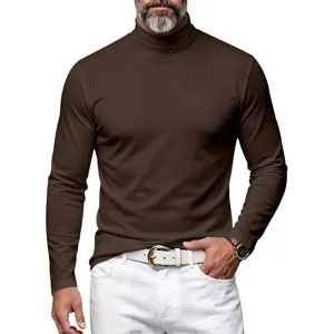 Men's brown turtleneck long sleeve t-shirt slim fit casual solid color base layer top.