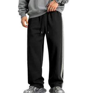 Men's fleece-lined side stripe sweatpants heavy knit loose casual sports long pants detail
