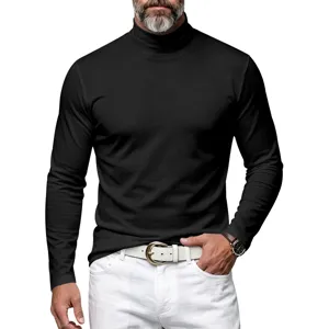Men's black turtleneck long sleeve t-shirt, casual slim fit minimalist base layer top for daily wear