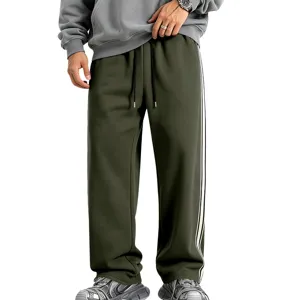 Men's winter fleece lined wide leg sweatpants with stylish side stripes, heavy knit pants.