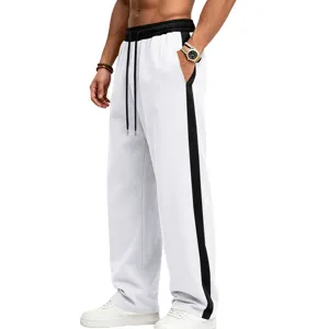 Men contrast side stripe fleece wide leg sweatpants heavyweight knitted casual jogger pants