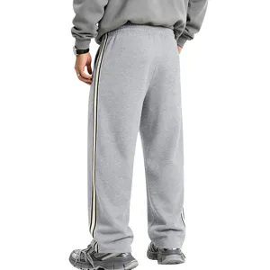 Men fleece-lined wide leg sweatpants with side stripes, heavy knit casual loose lounge pants for winter.