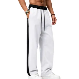 Men's fleece lined wide leg sweatpants with contrast side stripes casual sports pants