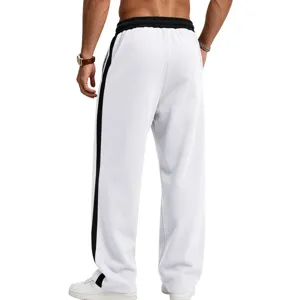 Men's white fleece-lined loose casual sweatpants with black side contrast stripes.