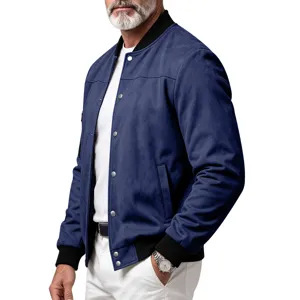Men faux suede bomber jacket detail view, featuring snap buttons and ribbed cuffs style.