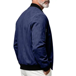 Men faux suede bomber jacket detail view, ribbed cuffs and collar, casual daily outerwear style