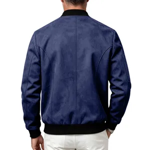 Men faux suede bomber jacket back view, stylish ribbed collar and cuffs casual outerwear.