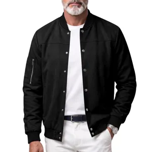 Men's faux suede bomber jacket, baseball collar, snap button closure, ribbed cuffs and hem.