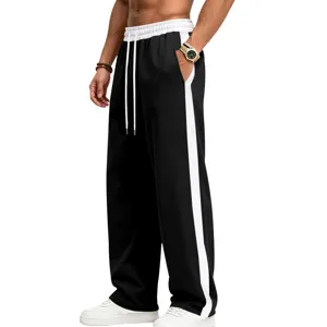 Men's fleece-lined wide-leg sweatpants with contrast side stripes, casual athletic pants.