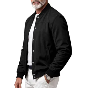 Men's faux suede detail shot showing ribbed cuffs, snap button front and classic baseball collar.