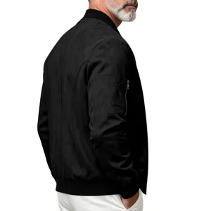 Mens faux suede bomber jacket black casual outerwear with ribbed cuffs and snap button collar.