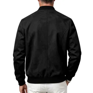 Back detail of men black faux suede bomber jacket with ribbed cuffs and clean tailored seams.