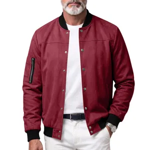 Men's faux suede bomber jacket with snap buttons, ribbed collar, and casual style for autumn.