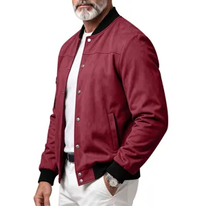 Burgundy faux suede bomber jacket detail, snap button closure and black ribbed cuffs.