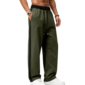 Men fleece sweatpants detail, contrast side stripe design, warm knit casual wear trousers.