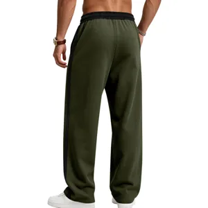 Men fleece-lined side stripe wide leg sweatpants, heavy knit casual sports pants.