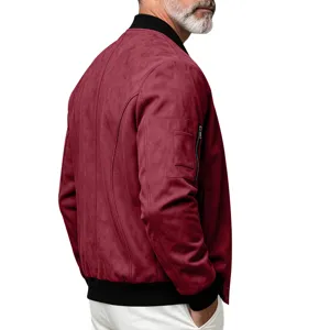 Men's faux suede bomber jacket with ribbed collar, cuffs, hem, and casual pocket design.
