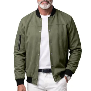Men's faux suede bomber jacket with ribbed cuffs, snap button closure, and stylish baseball collar.