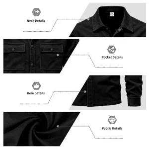 Gros plan sur les details de la veste chemise noire en suamine pour homme avec poches et col.